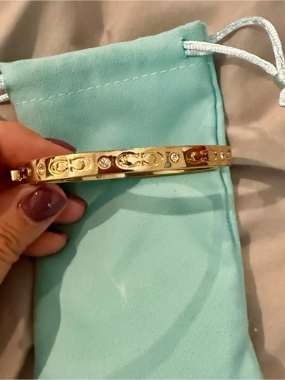 Coach Kissing C Signature Gold Hinged Bangle Crystal Bracelet